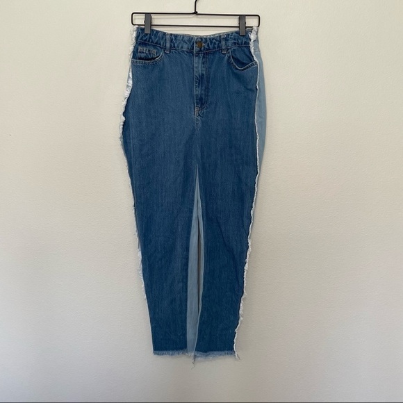 Nasty gal collection two tone denim jeans side raw hem cut & sewn seam sz.2 - Picture 1 of 3